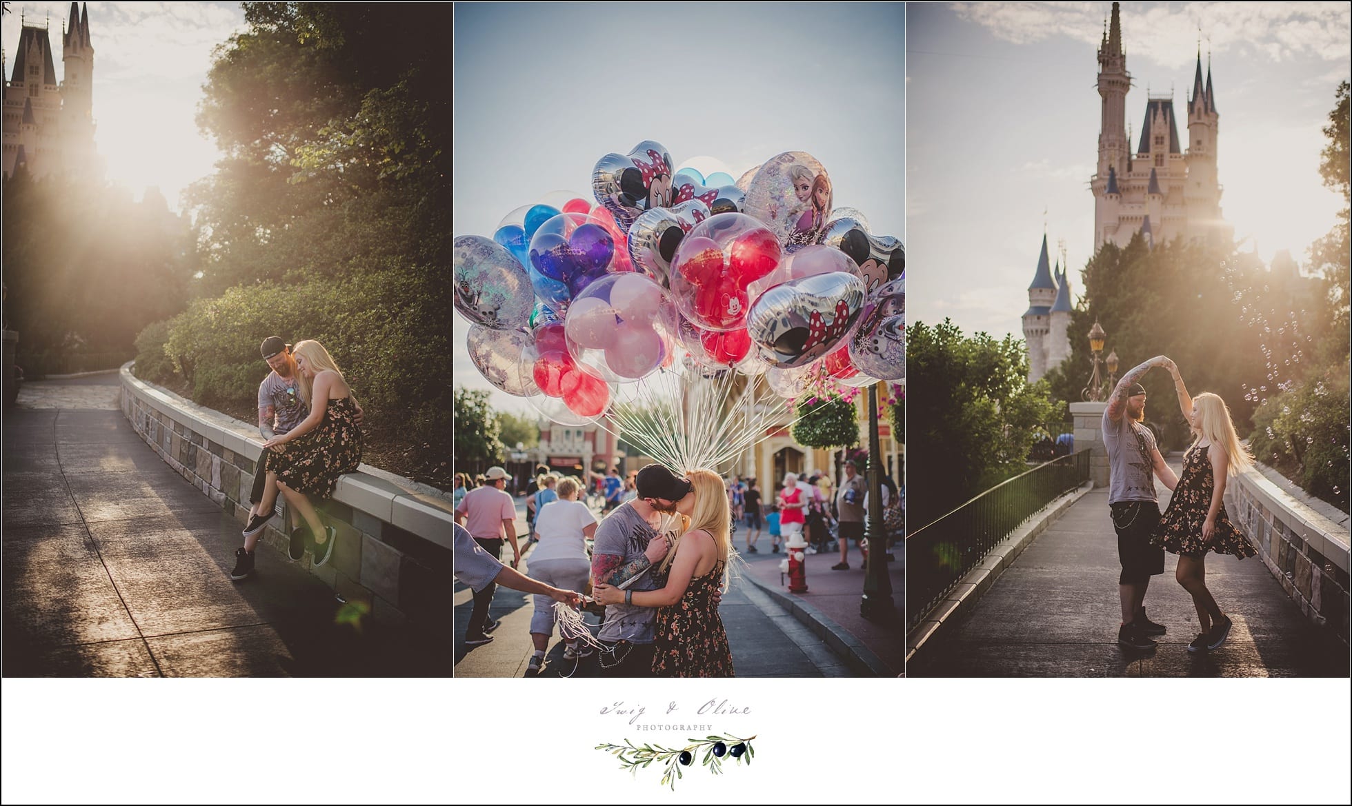 Walt Disney World, Magic Kingdom, Honeymoon session, happiest place on earth, balloons, Mickey Mouse, Walt Disney, Disney, happy couples, Florida Disney backdrop, amazing couples, Twig and Olive photography honeymoon session