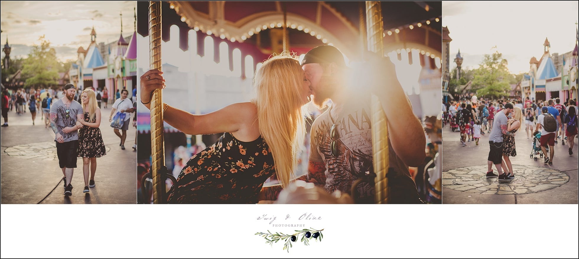 sunset photography, Magic Kingdom photography, honeymoon session, Walt Disney, Mickey Mouse, carousel, kissing, happy couples, married at Disney, Sun Prairie area photographers, Madison Metro area photography, Twig and Olive