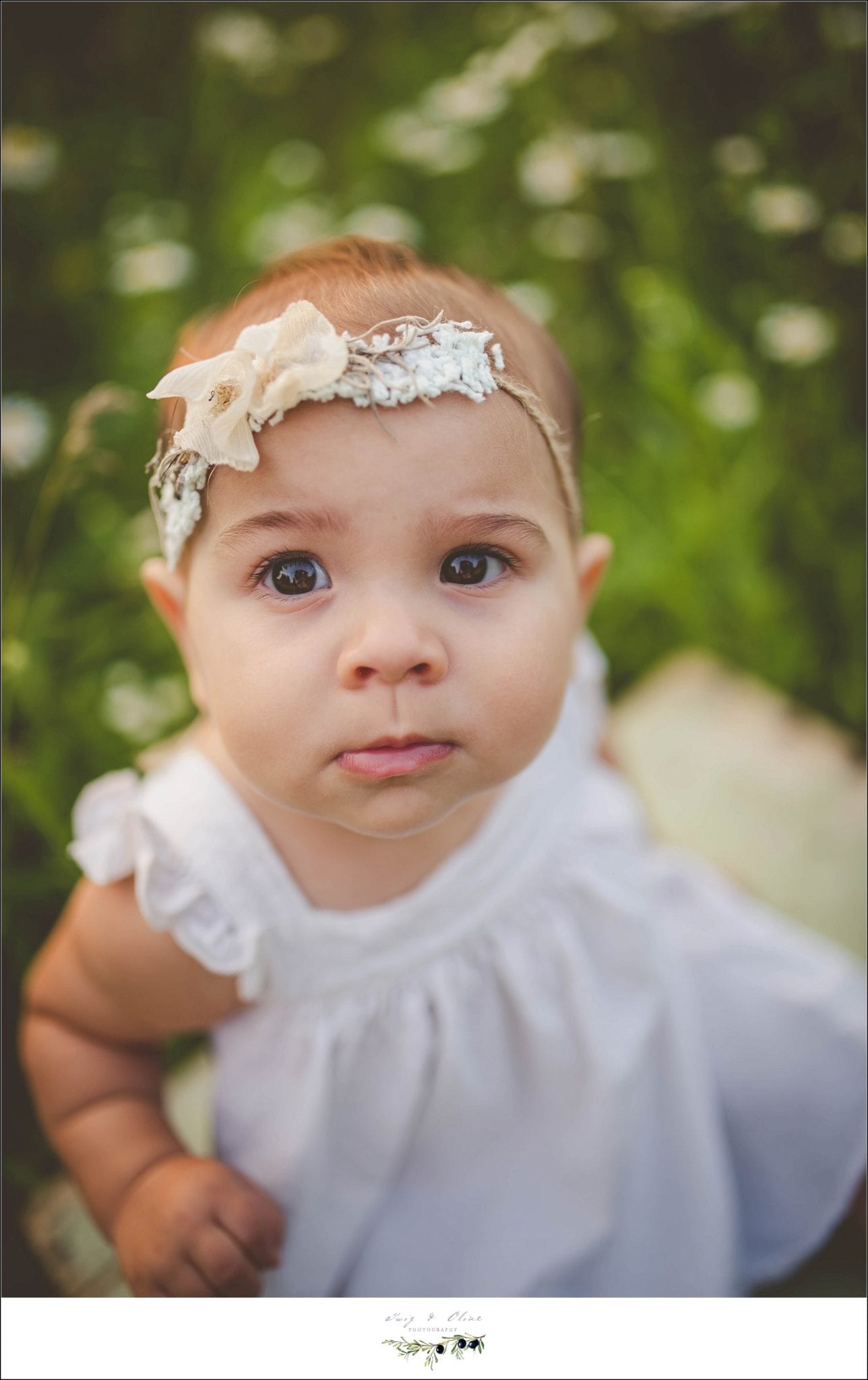 hair flower, white dress, baby
