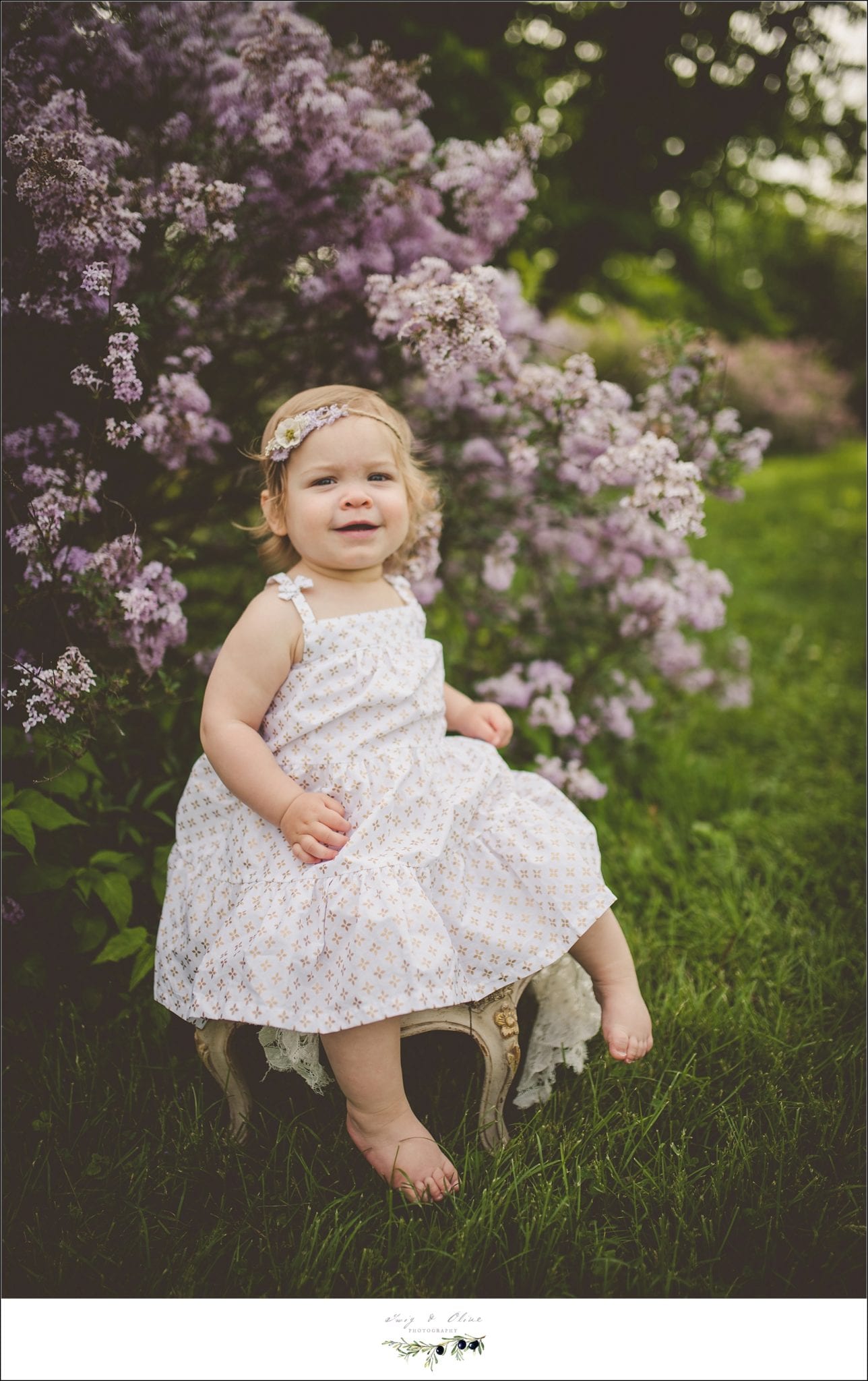 purple flowers, white dress, greenery, little girl, chair, family mini sessions
