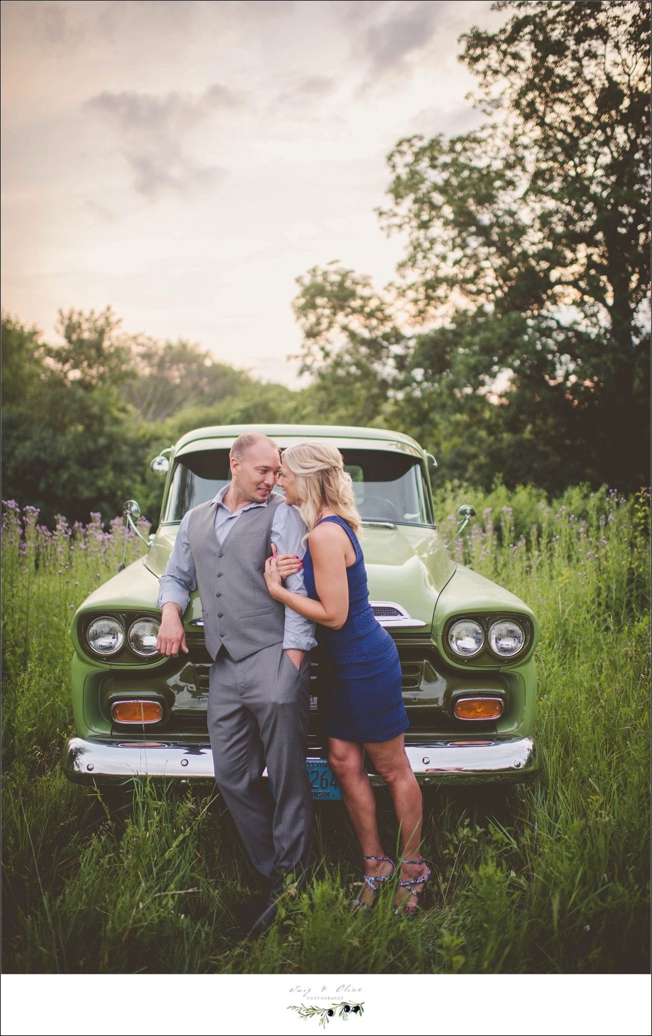 green truck, blue dress, gray suit, way to go Joe, engagement sessions, Twig and Olive photography