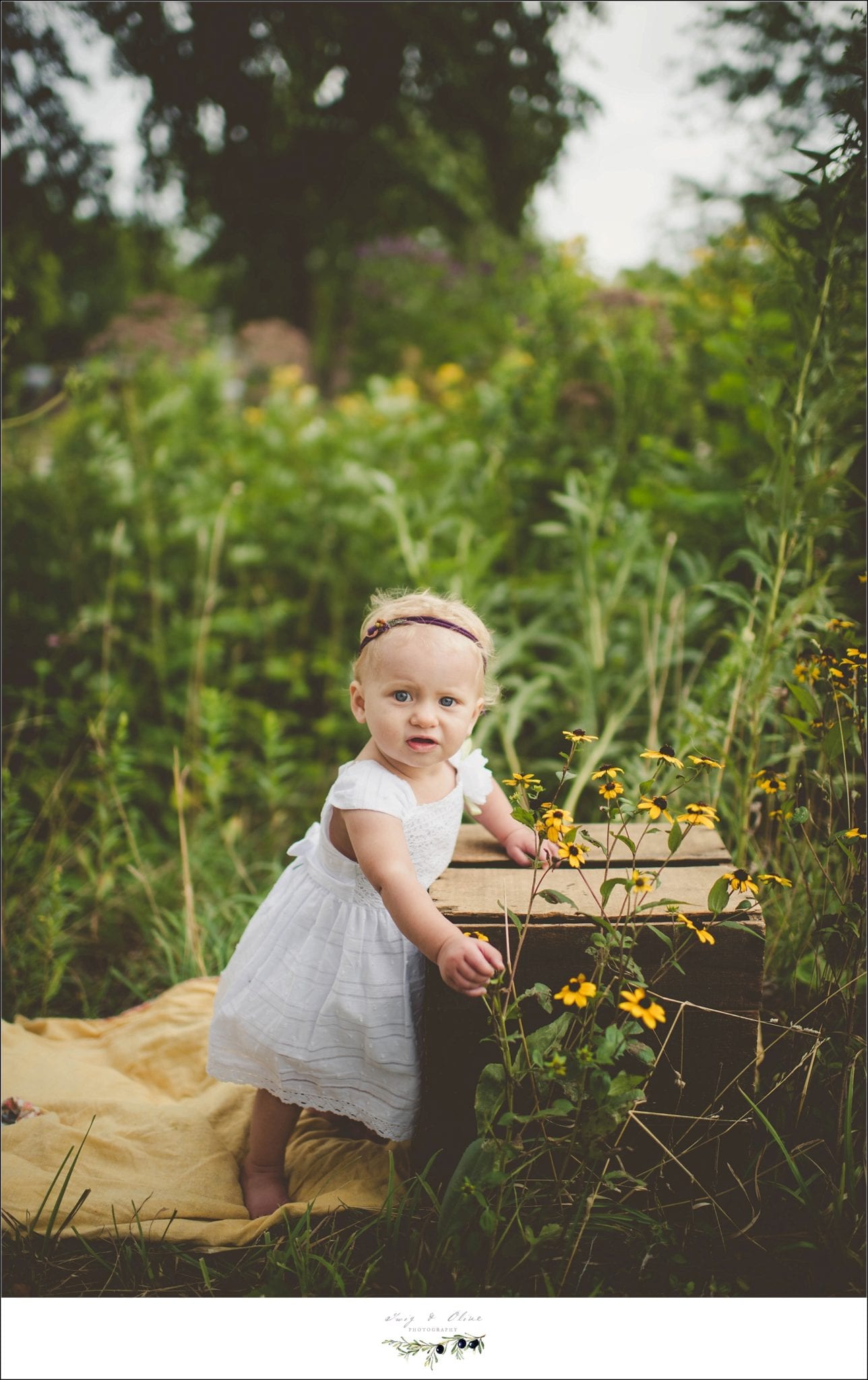 boxes, white dress, one year old session